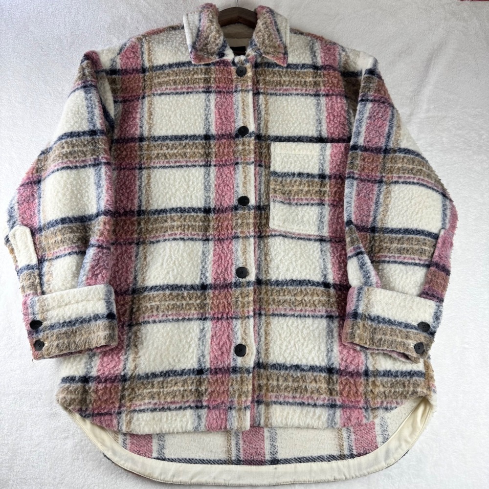 Zara Plaid Sherpa Shacket Pink Cream Oversized Cabin Gorpcore Large